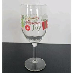 Christmas Wine Glass Stemware Green Red Words Printed All Around 7"